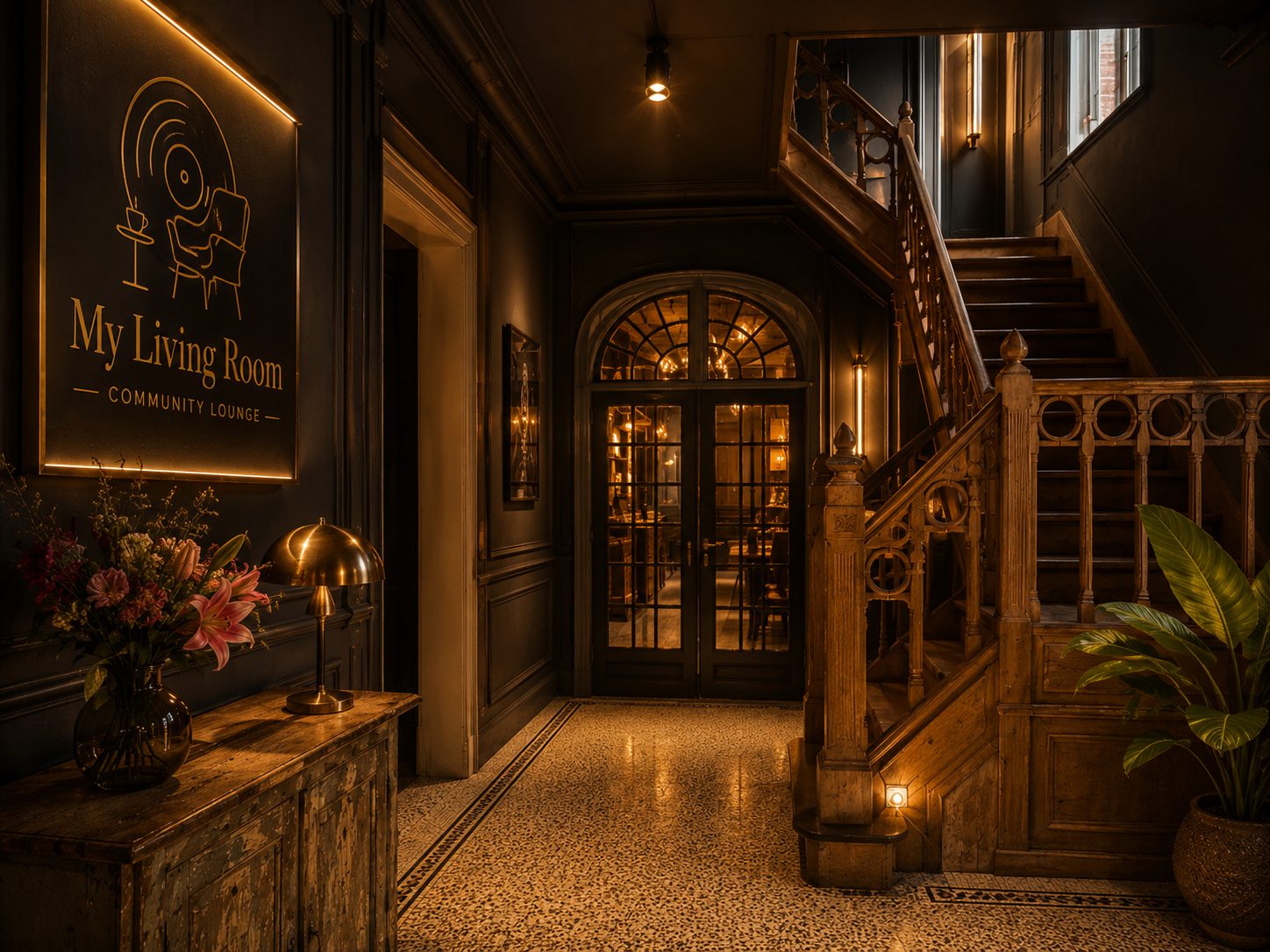 The Ground Floor — the lively living room with central bar and vinyl wall